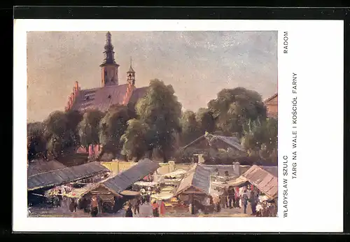 Künstler-AK Radom, Targ na wale i kosciól farny