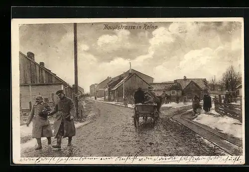 AK Kolno, Hauptstrasse mit Soldaten im Winter