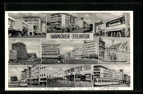 AK Hannover, Steintor, Georgstrasse mit Geschäften und Strassenbahn, Brunnen