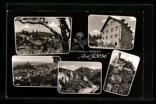 AK Gössweinstein in der Fränkischen Schweiz, Gasthaus u. Pension Zur Rose, Burg, Blick i. Wiesenthal