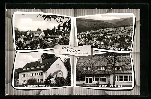 AK Würm bei Pforzheim, Jugendheim Nord- und Südseite, Blick zur Kirche