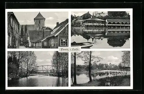 AK Preetz i. Holst., Strassenpartie, Brücke, Uferpartie