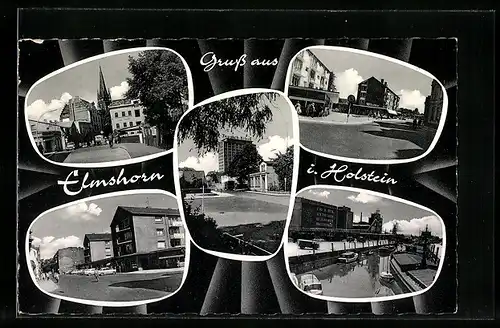 AK Elmshorn i. Holstein, Geschäftshaus Teppich-Kibek, Strassenpartie mit Tschibo-Cafe, Uferpartie