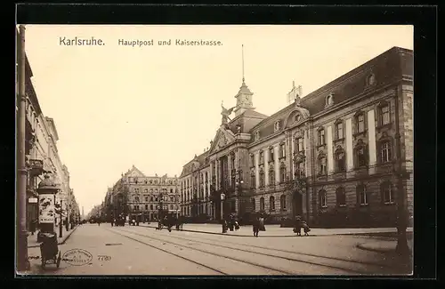 AK Karlsruhe, Hauptpost und Kaiserstrasse