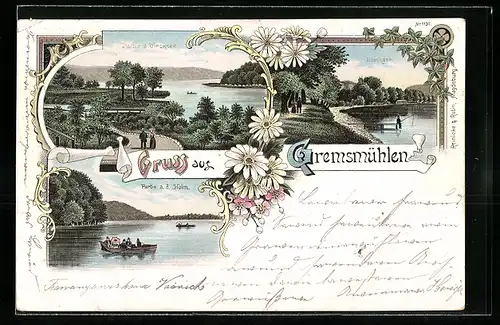 Lithographie Gremsmühlen, Partie a. Diecksee, Angler, Partie a. d. Holm mit Booten