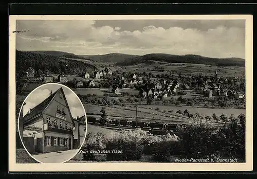 AK Nieder-Ramstadt, Gasthaus zum deutschen Haus, Ortspanorama