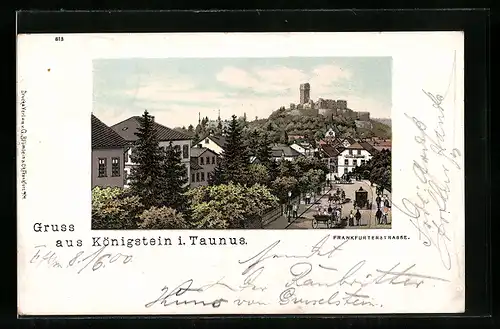 Lithographie Königstein im Taunus, Frankfurterstrasse mit Burg