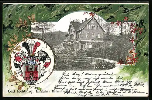 Passepartout-Lithographie Bad Rehburg, Sanatorium Michaelis, Wappen