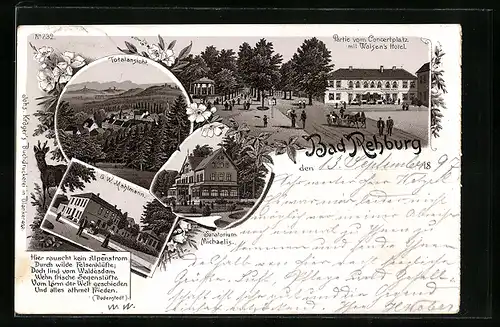 Lithographie Bad Rehburg, Sanatorium Michaelis, Partie vom Concertplatz mit Walsen`s Hotel, Totalansicht