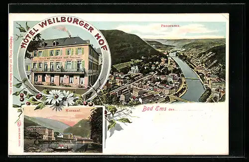 AK Bad Ems, Panorama aus der Vogelschau, Kursaal, Hotel Weilburger Hof