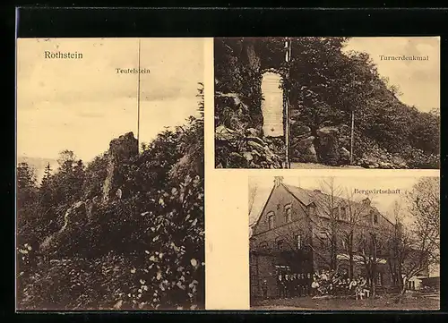 AK Sohland, Gasthaus Rothstein, Turnerdenkmal, Teufelstein
