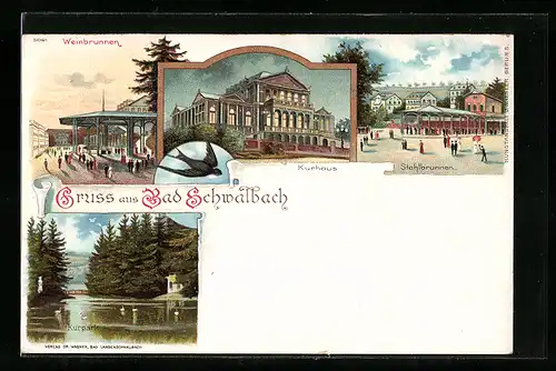 Lithographie Bad Schwalbach, Kurhaus, Weinbrunnen und Stahlbrunnen