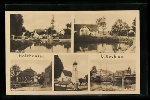 AK Holzhausen, Gemischtwarenhandlung Ant. Rudhardt, Hauptstrasse, Wohnung des Bürgermeisters, Pfarrkirche