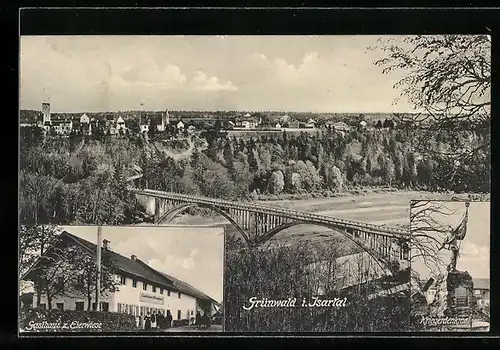 AK Grünwald i. Isartal, Gasthaus zur Eierwiese, Kriegerdenkmal, Panorama