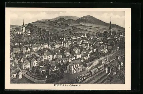 AK Fürth /Odenwald, Ortsansicht aus der Vogelschau mit Dampfeisenbahn