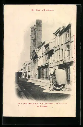 AK Villefranche-de-Lauragais, Grande Rue et clocher, Pferdegespann