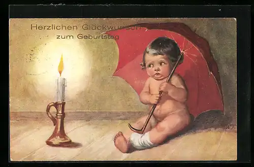 Künstler-AK Wally Fialkowska: kleines Mädchen sitzt unter einem Regenschirm und betrachtet eine Kerze