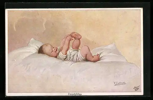 Künstler-AK Wally Fialkowska: Kleiner Zappelphilipp im Bettchen