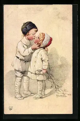Künstler-AK Wally Fialkowska: Geschwisterliebe, Sie geben sich ein Küsschen