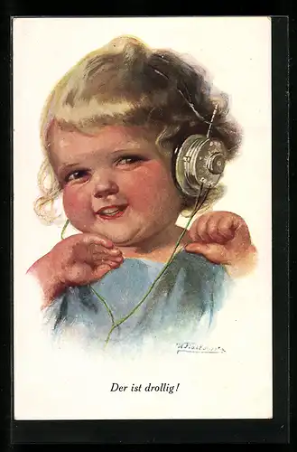 Künstler-AK Wally Fialkowska: Der ist drollig!, kleiner Junge mit Kopfhörern auf dem Kopf