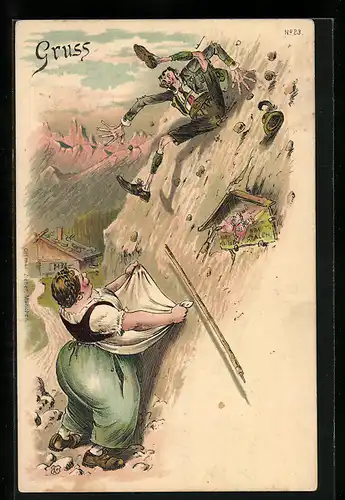 Lithographie Gruss aus den Bergen, füllige Dame fängt Bergsteiger in der Schürze