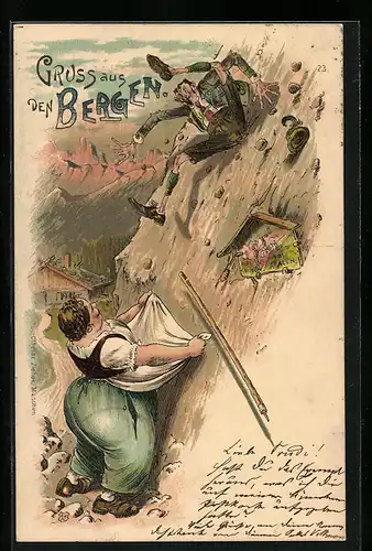 Lithographie Gruss aus den Bergen, füllige Dame fängt Bergsteiger in der Schürze