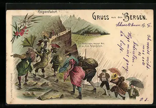 Lithographie Bergsteiger mühen sich bei Wind und Regen ab