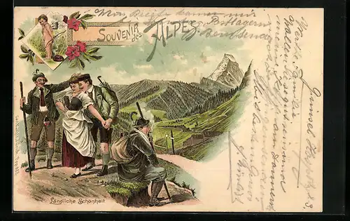 Lithographie Bergsteiger buhlen um eine ländliche Schönheit