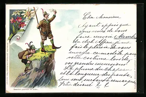 Lithographie Zwei Bergsteiger auf dem Gipfel