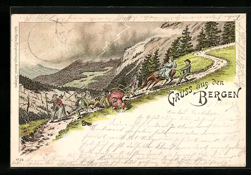 Lithographie Wanderer bei Gewitter in den Bergen