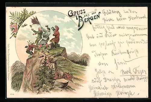 Lithographie Gipfelstürmer im Sturm auf dem Gipfel, das Toupet fliegt davon