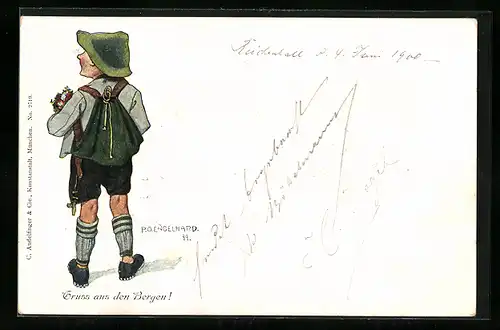 Künstler-Künstler-AK P. O. Engelhard (P.O.E.): Junger Knabe in Wanderklamotten