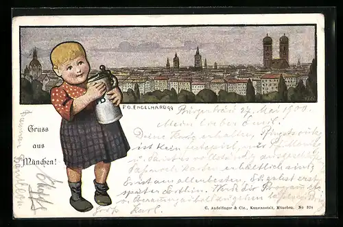 Künstler-AK P. O. Engelhard (P.O.E.): München, Süsses Kind mit Bierkrug vor der Stadt