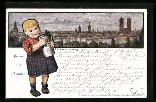 Künstler-AK P. O. Engelhard (P.O.E.): AK München, Stadtblick mit der Liebfrauenkirche, Kind mit Bierkrug des Hofbräuhaus