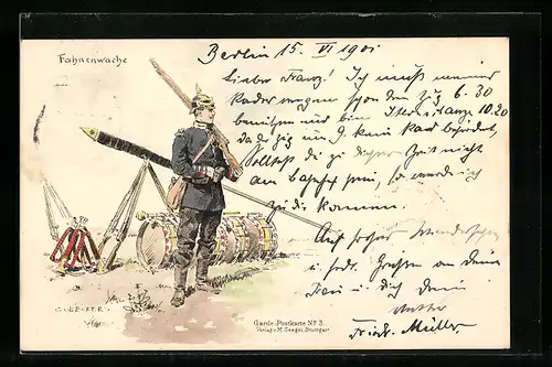 Künstler-AK Carl Becker: Fahnenwache, Soldat mit Fahne und Gewehr