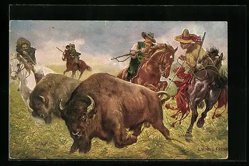 Künstler-AK Ludwig Fromme: Männer jagen Bison