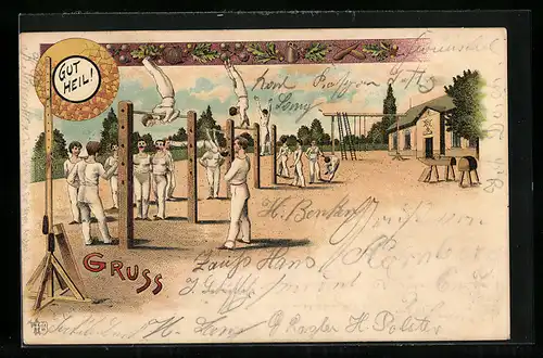 Lithographie Männer und Frauen beim Turnen am Reck