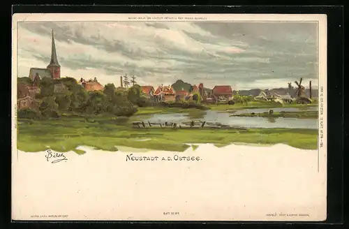Künstler-AK Carl Biese: Neustadt /Ostsee, Blick vom Fluss zur Stadt
