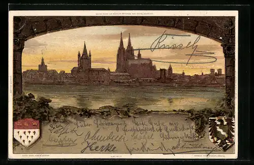 Künstler-AK Carl Biese: Köln /Rh., Panorama der Stadt, Wappen