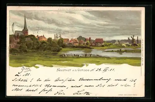 Künstler-AK Carl Biese: Neustadt, Teilansicht mit Kirche