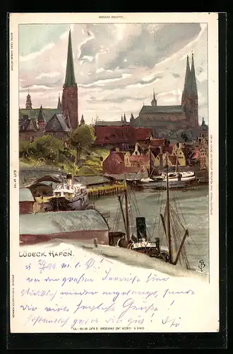 Künstler-AK Carl Biese: Lübeck, Ortspartie, Schiffe im Hafen