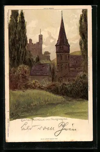 Künstler-AK C.Biese: Trechtingshausen, Clemenskapelle und Falkenburg