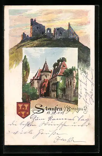 Künstler-AK Carl Biese: Staufen i. Breisgau, Ortspartie, Ruine, Wappen