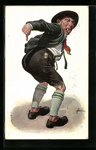 Künstler-AK Mann zeigt mit dem Finger auf seinen Hintern und streckt die Zunge dabei heraus