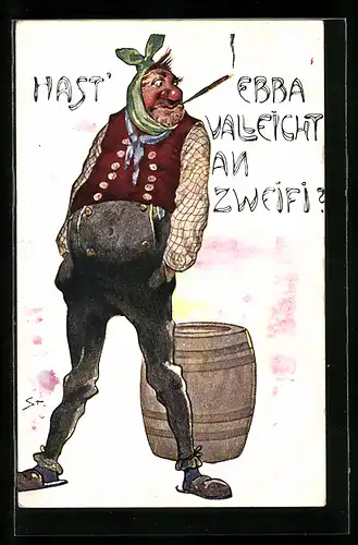 Künstler-AK Hast Ebba valleicht an Zweifi? Mann mit Zahnweh, Scherz