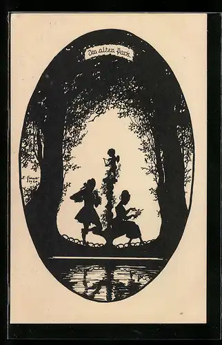 Künstler-AK Elsbeth Forck: Schattenbild Amor mit Liebespaar auf einer Bank