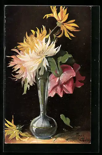 Künstler-AK Mary Golay: Blumen in einer Glasvase langsam am verblühen, Stillleben