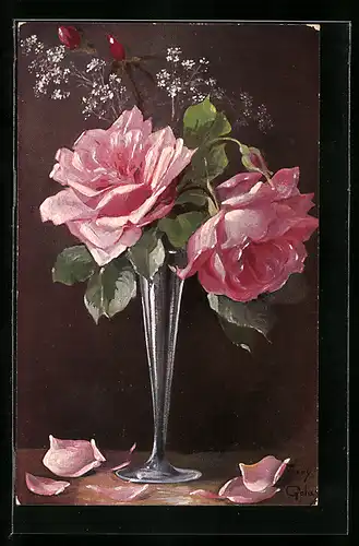 Künstler-AK Mary Golay: blühende Rosen in einer Vase