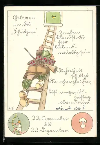 Künstler-AK Schütze erklimmt die Leiter, Sternzeichen