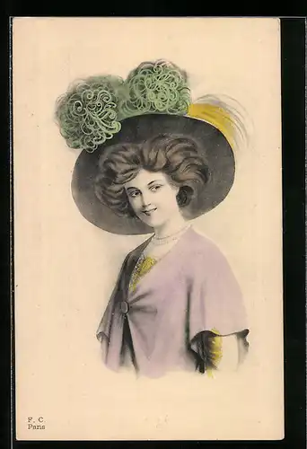 AK Hübsche junge Frau mit extravagantem Hut